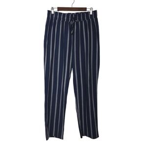 Messini Pants Size Large Linen Striped Navy Blue High Rise Wide Leg